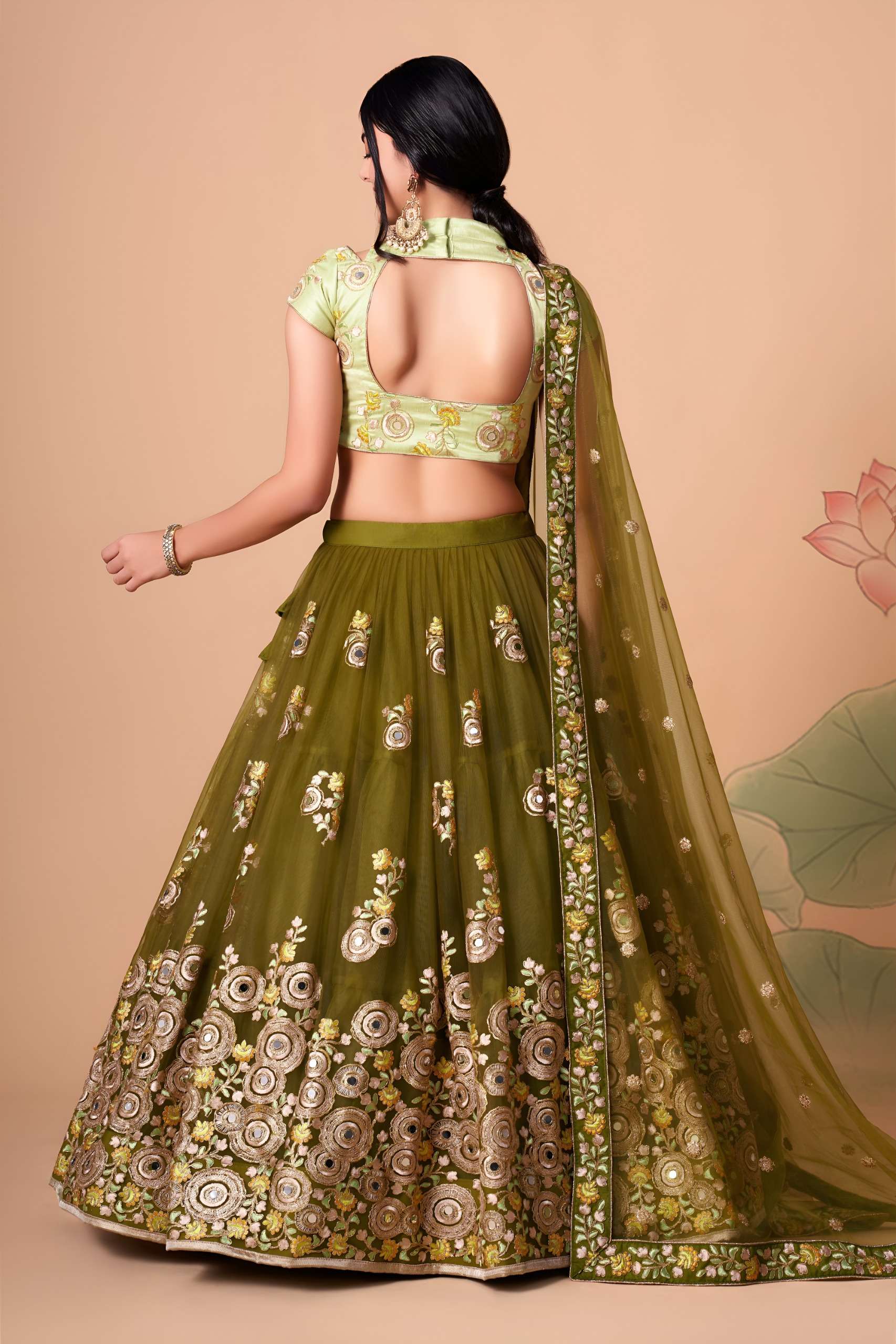 Olive Green & Pista colour Mirror and Embroidered work om net Lehenga Choli supplier in surat 7325 Mehndi